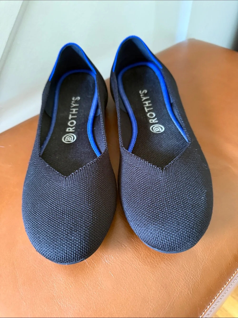 Rothy's Black Knit Slip-On Flats with Blue Trim